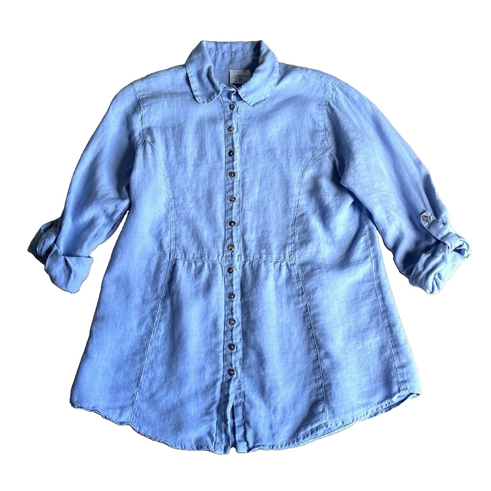 Click Color Me Cotton CMC 100% Linen Blue Tunic Shirt Lagenlook Buttons USA